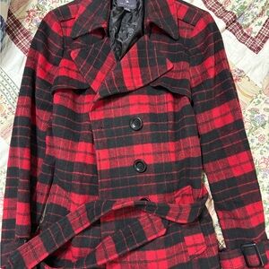 Stylish Red and Black Plaid Women's Coat